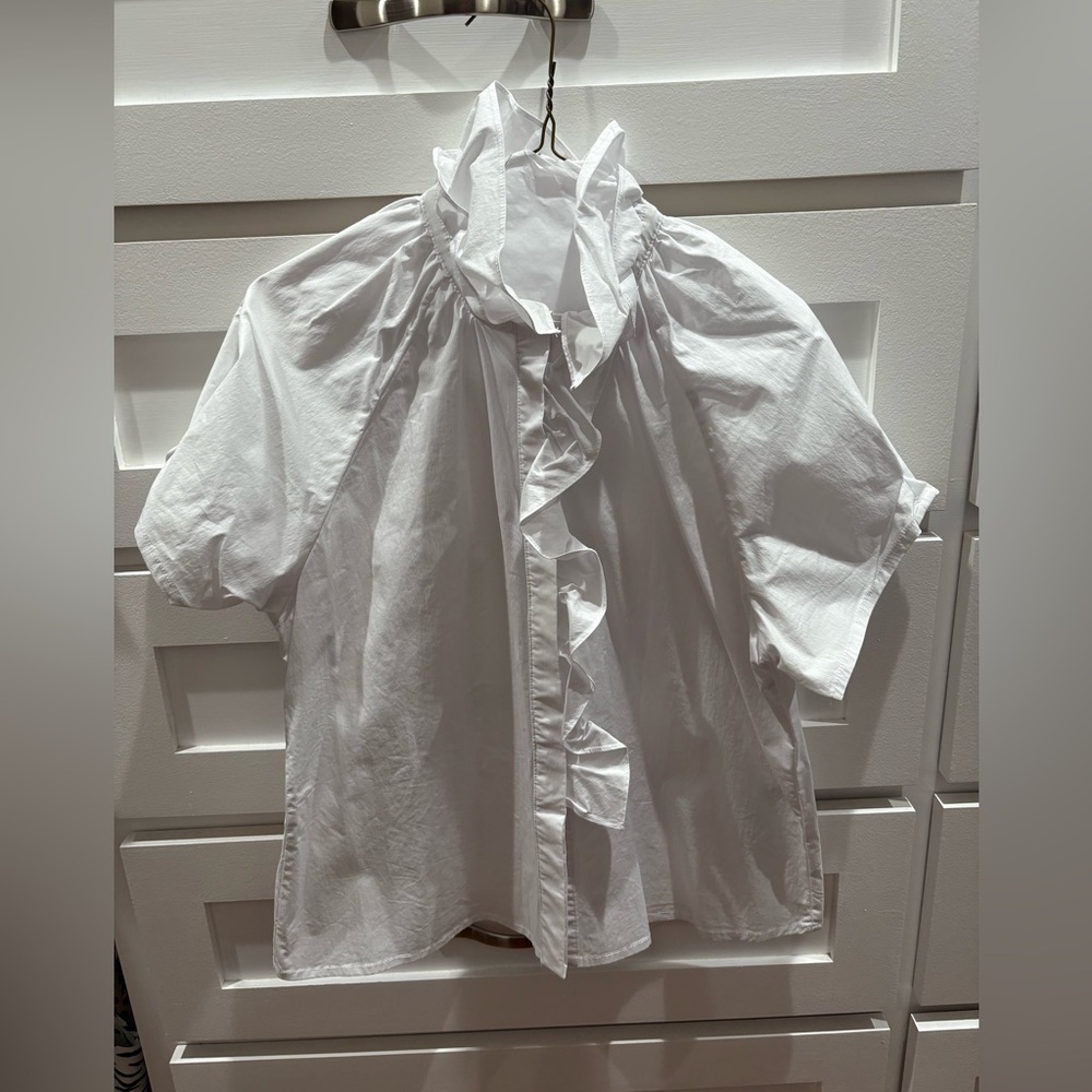 Women's White Ruffle Button Down Shirt